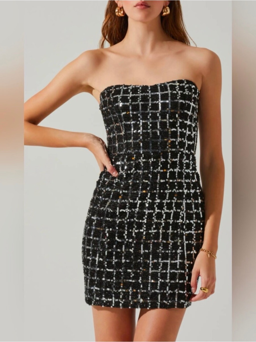 Astr Black & Silver Strapless Sequin Grid Mini Dress